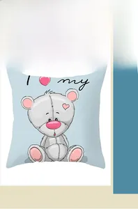 Detail of light blue square pillowcase with cartoon bear and digital heart print