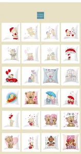 Detailed grid showing 24 cartoon teddy bear pillow covers with heart prints for Valentine