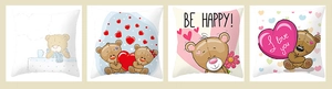 Detailed view of four cartoon bear pillow covers with heart patterns and vibrant prints