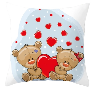 Cartoon teddy bears with large red heart printed on square white decorative pillow case