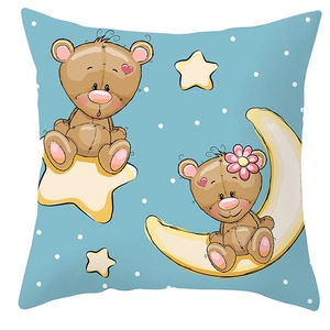 Square light blue pillowcase with cartoon bears, moon, and stars print in soft fabric