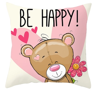 Cartoon brown bear pillow case with BE HAPPY slogan and pink hearts for Valentine's Day