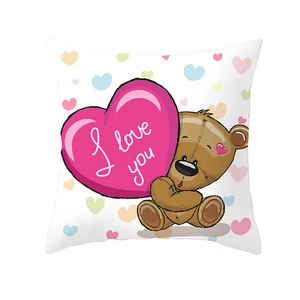 Cartoon teddy bear pillowcase with pink heart and I love you print for Valentines Day