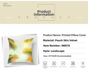 Detail of peach skin fabric pillowcase with palm tree print and 45x45CM size text