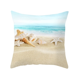 Square pillowcase featuring a vibrant ocean beach print with shells and starfish
