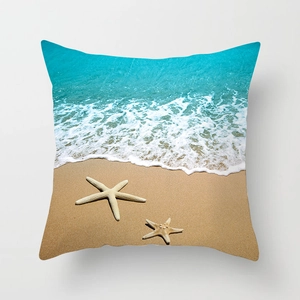 Square summer beach pillow cover with ocean waves and starfish print on high-density fabric