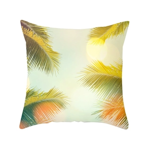 Square cushion cover with tropical palm leaf print and vibrant summer sun background