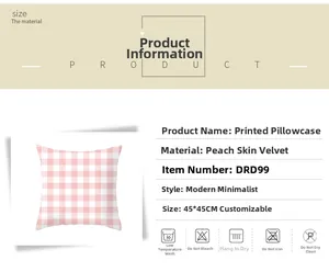 Macro view of 45x45CM peach skin pillowcase with modern pink and white grid pattern