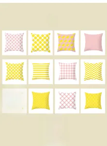 Detailed grid of yellow and pink geometric fruit print decorative cushion covers