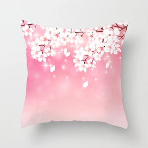 Peach skin fabric square pillow cover featuring elegant pink gradient cherry blossom print