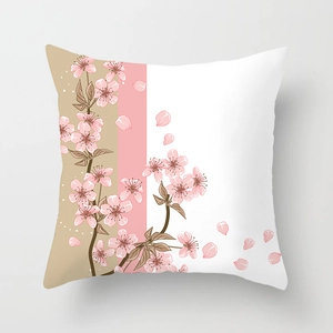 Pink cherry blossom pillow case with patchwork background of beige and white tones