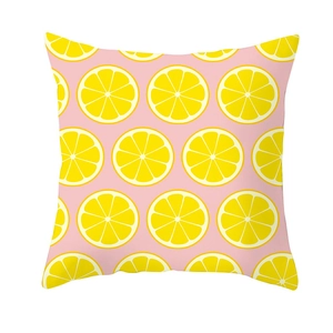 Square pink cushion cover featuring a vibrant yellow lemon fruit pattern print
