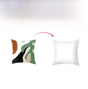 Detail of Nordic abstract plant leaf cushion cover showing front print and plain white back