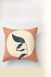 Detailed view of modern geometric throw pillow cover with artistic blue leaf digital print