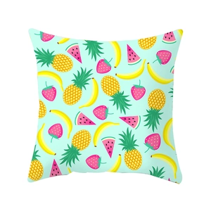 Tropical fruit printed throw pillow cover in mint green with pineapple and watermelon