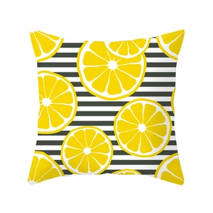 Lemon fruit print throw pillow cover with black and white horizontal stripes design