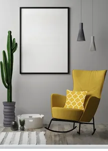 Detail of old coarse cotton yellow geometric elk pillowcase on a modern rocking chair