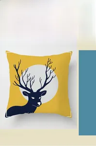 Detailed view of yellow Nordic throw pillow case featuring black elk silhouette digital print