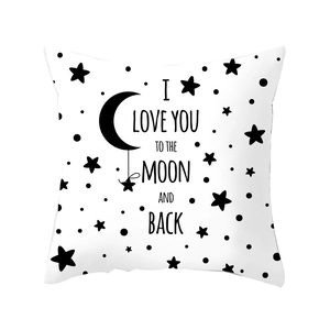 Minimalist Nordic geometric square pillow case with black moon and stars print on white fabric