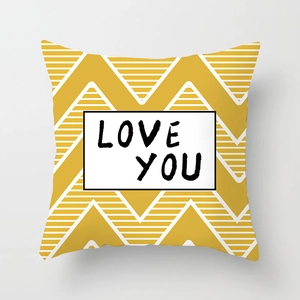 Nordic yellow geometric cushion cover with Love You print and modern wavy patterns