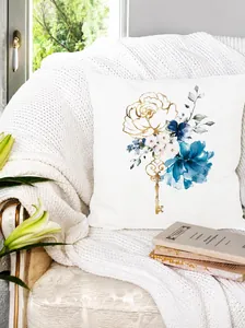 Detailed view of custom pillowcase with blue floral and vintage key print on soft blanket