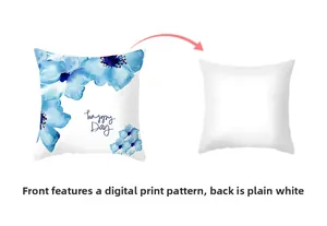 Detail showing blue watercolor floral print with Happy Day text and plain white back