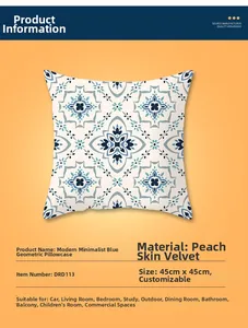 Detail of blue geometric marble pillowcase made of peach skin fabric in 45x45 cm size