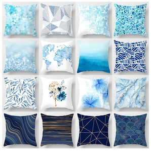 Collage of 16 modern geometric blue marble cushion covers for home sofa decoration