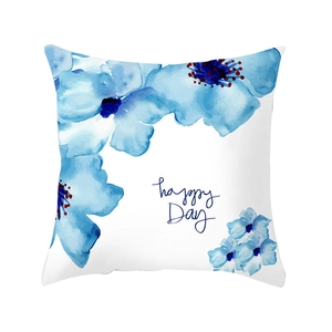Modern square pillowcase with blue watercolor flowers and happy Day printed design
