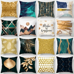 Modern Nordic Gold Foil Print Throw Pillow Cover Emerald Green Geometric Marble Leaves Decorative Pillowcase For Home Sofa