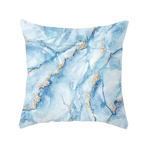 Modern square pillowcase with blue geometric marble pattern and gold glitter details