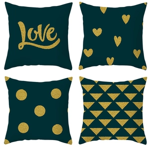 Set of 4 dark green and gold pillow covers with Love heart dots and triangle patterns