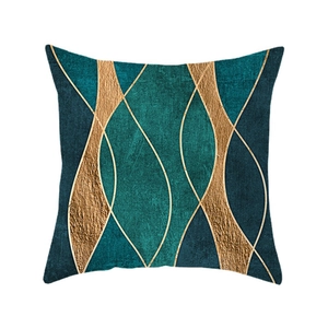 Modern Nordic golden throw pillow case with blue and teal abstract geometric wave patterns