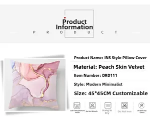 Detailed view of pink marble peach skin velvet pillowcase showing material specs and care icons
