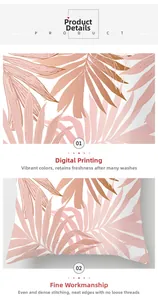 Detail of digital printing and fine sewing on pink tropical leaf pattern pillowcase