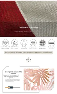 Detail of pink tropical leaf print linen pillow cover showing 80g coated fabric texture