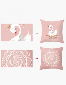 Detail view of pink throw pillow covers with sweet princess swan and mandala flower designs