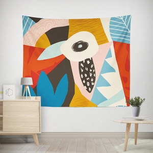 Detailed view of an abstract botanical wall tapestry in a modern interior setting