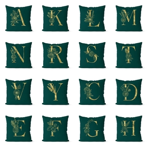 Luxury Dark Green Gold Letter Throw Pillow Case Square Floral Printed Polyester Peach Skin Cushion Cover For Home Sofa Decor