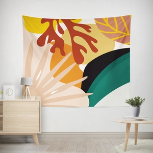 Close-up of abstract plant wall tapestry with coral shapes and geometric patterns