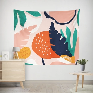 Detailed view of modern abstract tapestry hanging in a minimalist living room setting