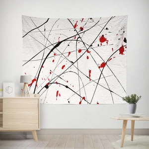 Modern abstract line art tapestry with red and black splatter design for wall decor
