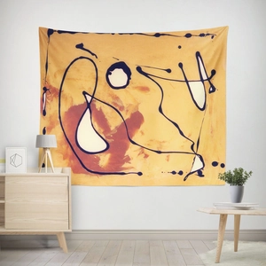 Close-up of modern abstract line art tapestry with mustard yellow background and black ink decor