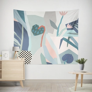 Detailed texture of modern abstract botanical tapestry with geometric patterns and dots