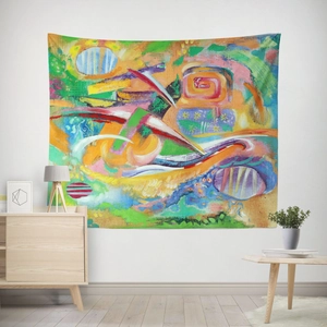Detailed texture of abstract geometric oil painting tapestry on white wall