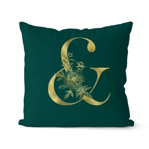 Luxury dark green throw pillow cover with golden floral ampersand print for home decor