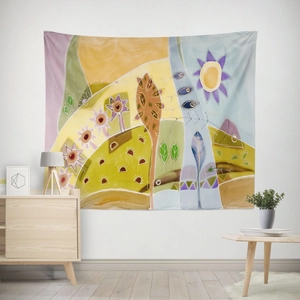 Detailed view of an abstract geometric tapestry with surreal art in a modern living room