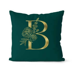 Luxury dark green throw pillow cover with golden letter B and floral design for sofa