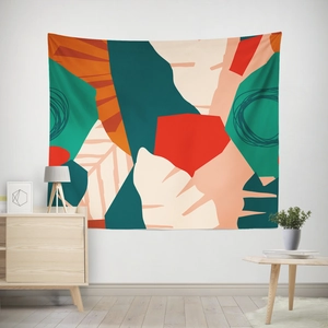 Abstract botanical wall tapestry with colorful geometric leaves for modern home decor