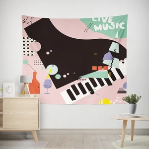 Memphis style abstract piano wall tapestry with colorful geometric patterns and Live Music text